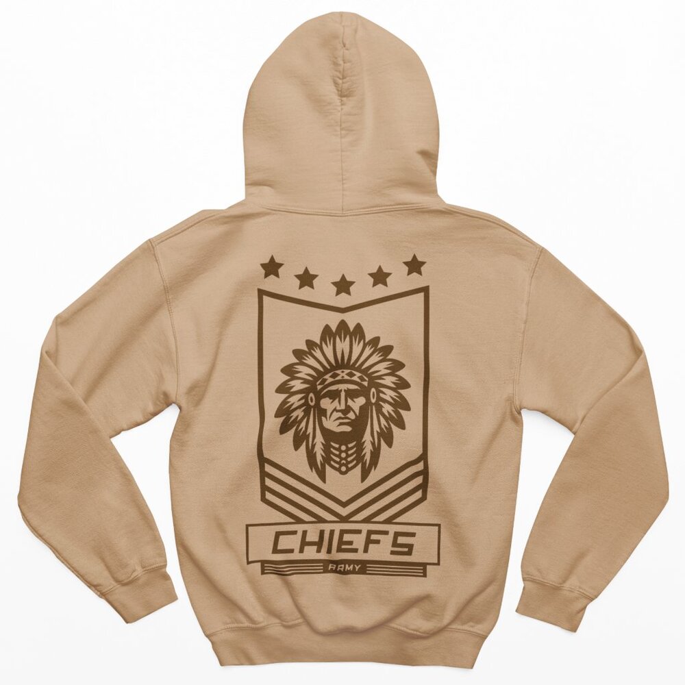 NEW Kansas City Chiefs Fan Army Front Back Print Pullover Hoodie TAN SAND